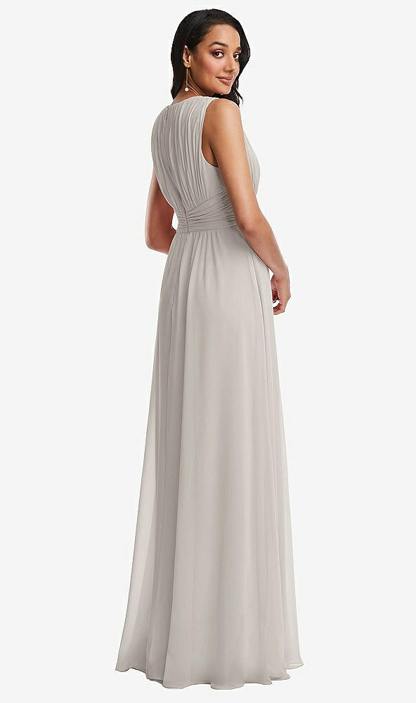 Back View - Oyster Shirred Deep Plunge Neck Closed Back Chiffon Maxi Dress 