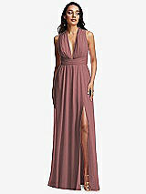 Front View Thumbnail - Rosewood Shirred Deep Plunge Neck Closed Back Chiffon Maxi Dress 