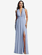 Front View Thumbnail - Sky Blue Shirred Deep Plunge Neck Closed Back Chiffon Maxi Dress 