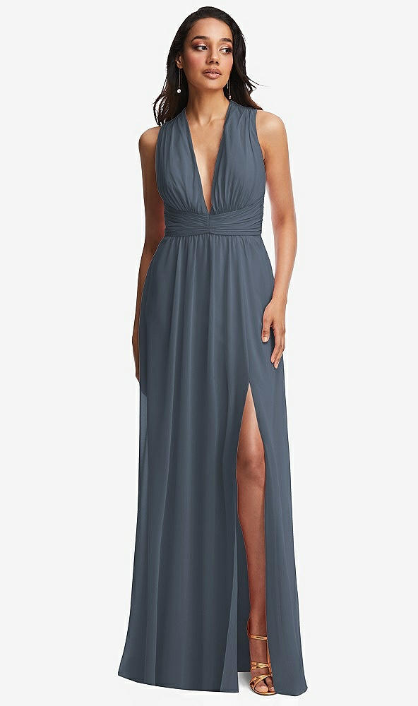 Front View - Silverstone Shirred Deep Plunge Neck Closed Back Chiffon Maxi Dress 