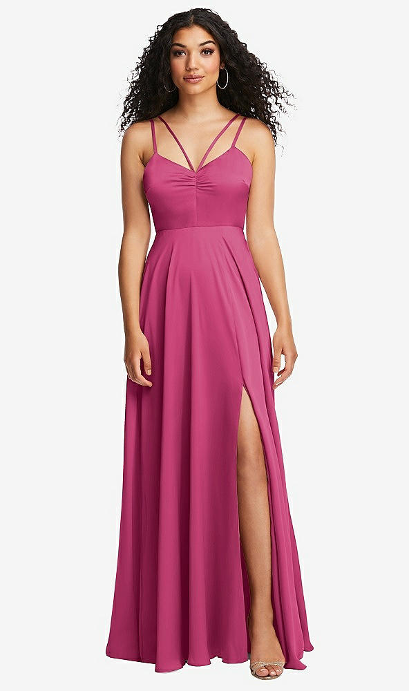 Front View - Tea Rose Dual Strap V-Neck Lace-Up Open-Back Maxi Dress