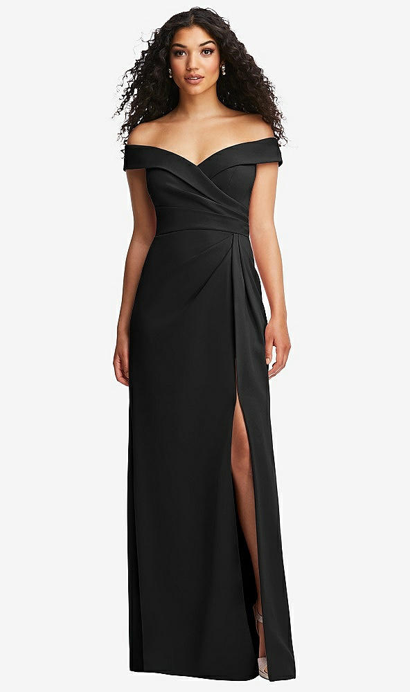 Front View - Black Cuffed Off-the-Shoulder Pleated Faux Wrap Maxi Dress