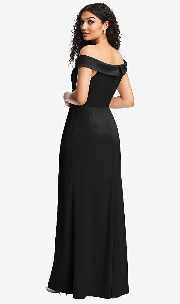 Back View - Black Cuffed Off-the-Shoulder Pleated Faux Wrap Maxi Dress