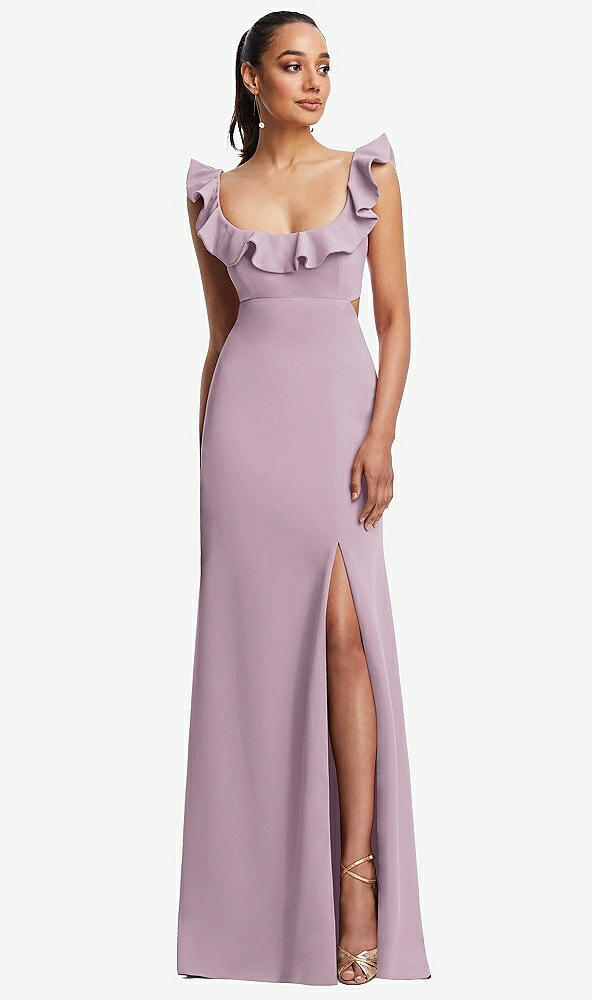 Front View - Suede Rose Ruffle-Trimmed Neckline Cutout Tie-Back Trumpet Gown