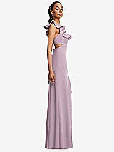 Side View Thumbnail - Suede Rose Ruffle-Trimmed Neckline Cutout Tie-Back Trumpet Gown