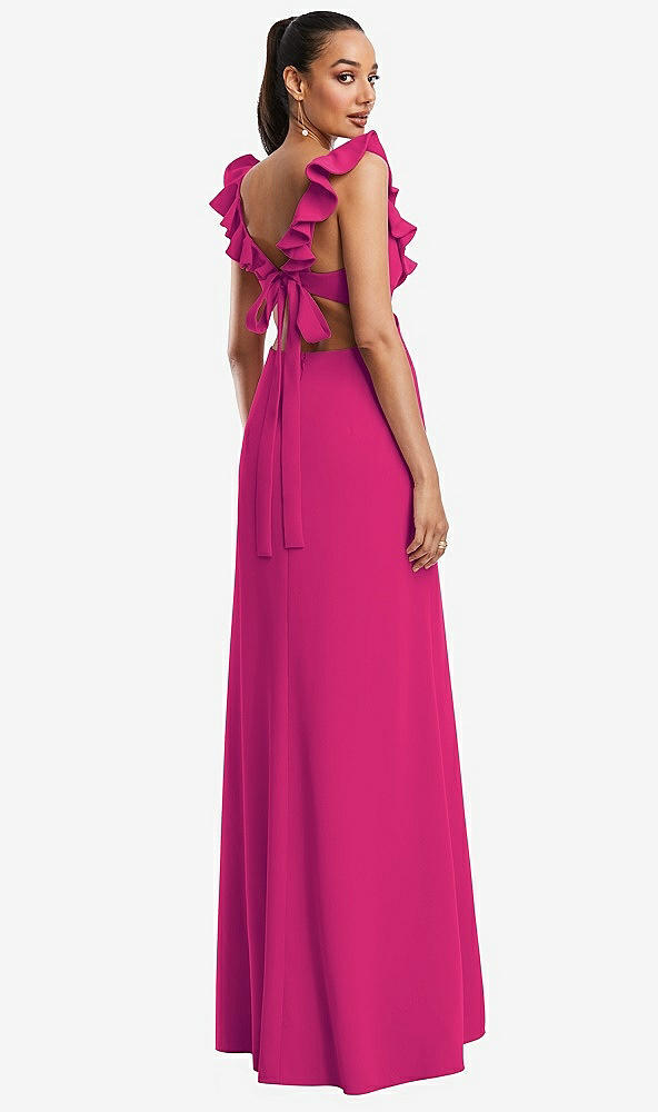 Back View - Think Pink Ruffle-Trimmed Neckline Cutout Tie-Back Trumpet Gown