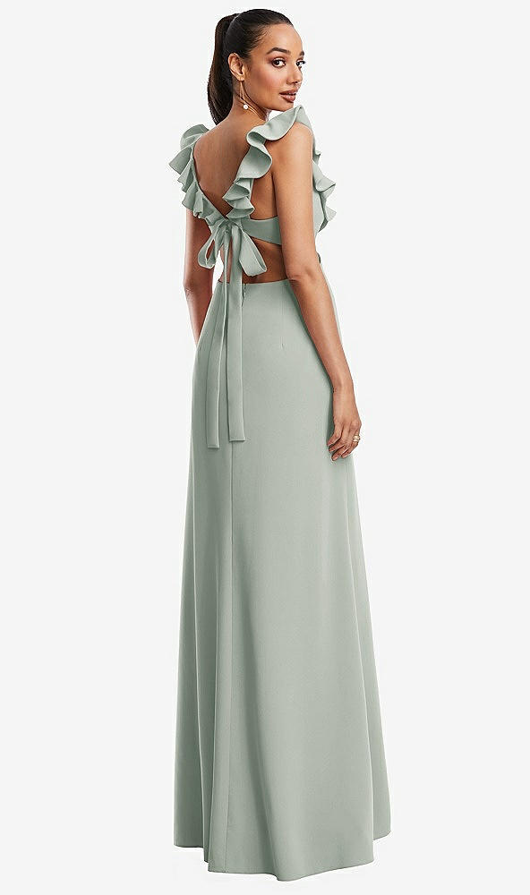 Back View - Willow Green Ruffle-Trimmed Neckline Cutout Tie-Back Trumpet Gown