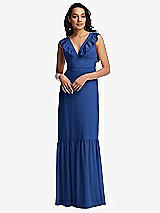 Front View Thumbnail - Classic Blue Tiered Ruffle Plunge Neck Open-Back Maxi Dress with Deep Ruffle Skirt