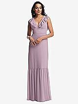 Front View Thumbnail - Suede Rose Tiered Ruffle Plunge Neck Open-Back Maxi Dress with Deep Ruffle Skirt