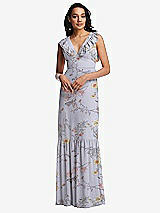 Front View Thumbnail - Butterfly Botanica Silver Dove Tiered Ruffle Plunge Neck Open-Back Maxi Dress with Deep Ruffle Skirt