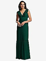 Front View Thumbnail - Hunter Green Tiered Ruffle Plunge Neck Open-Back Maxi Dress with Deep Ruffle Skirt