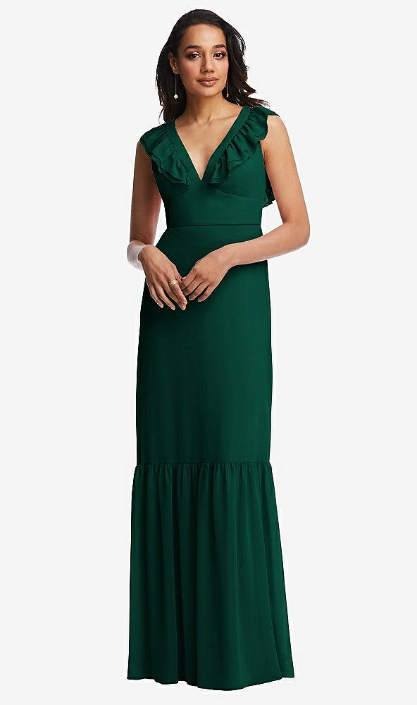 Front View - Hunter Green Tiered Ruffle Plunge Neck Open-Back Maxi Dress with Deep Ruffle Skirt
