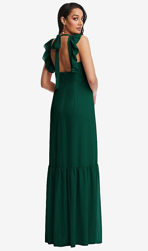 Back View - Hunter Green Tiered Ruffle Plunge Neck Open-Back Maxi Dress with Deep Ruffle Skirt