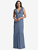 Front View Thumbnail - Larkspur Blue Tiered Ruffle Plunge Neck Open-Back Maxi Dress with Deep Ruffle Skirt