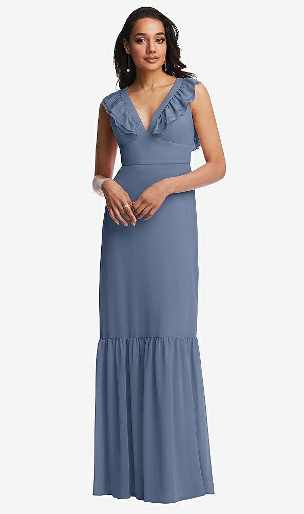 Front View - Larkspur Blue Tiered Ruffle Plunge Neck Open-Back Maxi Dress with Deep Ruffle Skirt