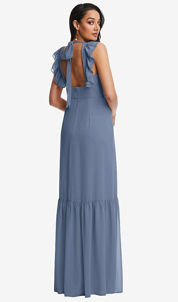 Back View - Larkspur Blue Tiered Ruffle Plunge Neck Open-Back Maxi Dress with Deep Ruffle Skirt