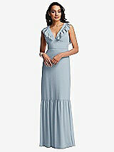Front View Thumbnail - Mist Tiered Ruffle Plunge Neck Open-Back Maxi Dress with Deep Ruffle Skirt