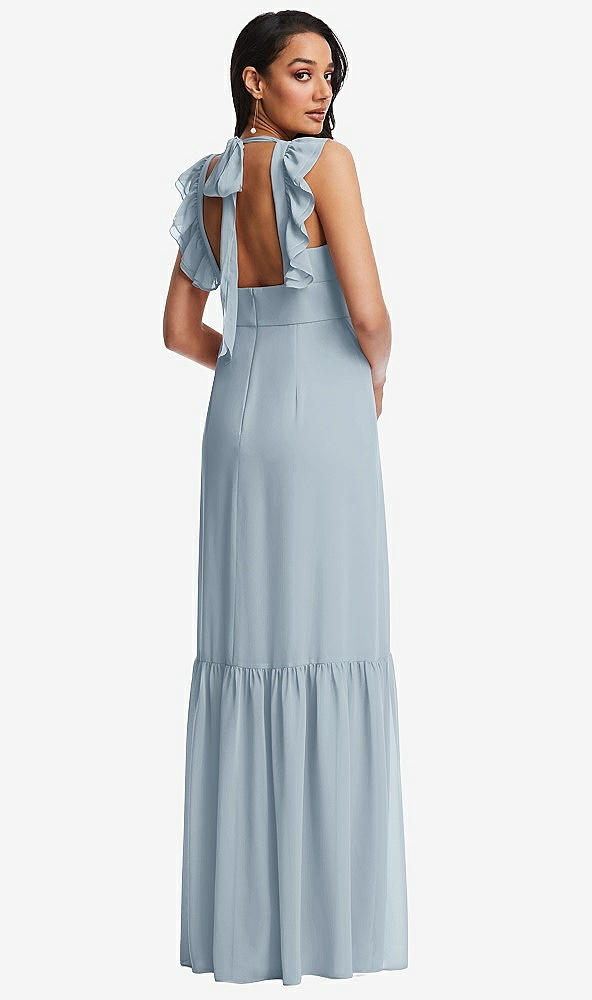 Back View - Mist Tiered Ruffle Plunge Neck Open-Back Maxi Dress with Deep Ruffle Skirt
