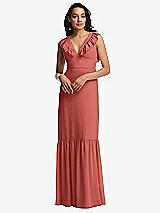 Front View Thumbnail - Coral Pink Tiered Ruffle Plunge Neck Open-Back Maxi Dress with Deep Ruffle Skirt