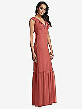 Side View Thumbnail - Coral Pink Tiered Ruffle Plunge Neck Open-Back Maxi Dress with Deep Ruffle Skirt