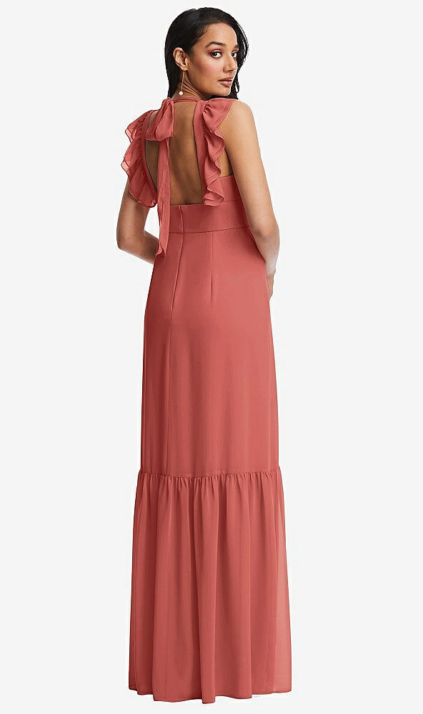 Back View - Coral Pink Tiered Ruffle Plunge Neck Open-Back Maxi Dress with Deep Ruffle Skirt