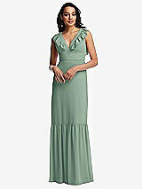Front View Thumbnail - Seagrass Tiered Ruffle Plunge Neck Open-Back Maxi Dress with Deep Ruffle Skirt