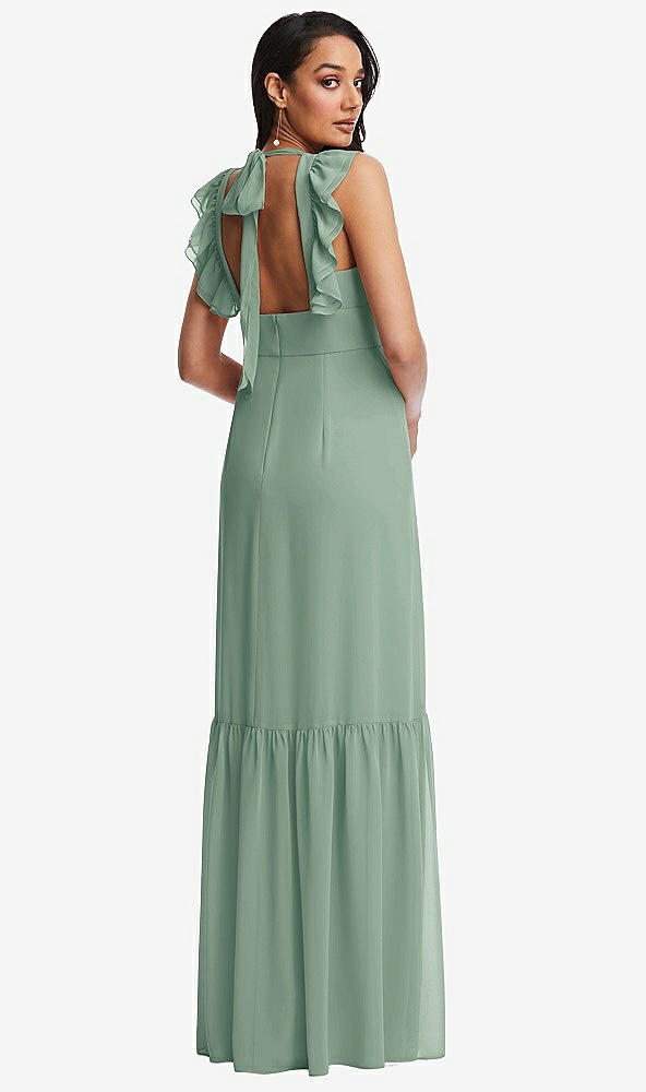 Back View - Seagrass Tiered Ruffle Plunge Neck Open-Back Maxi Dress with Deep Ruffle Skirt