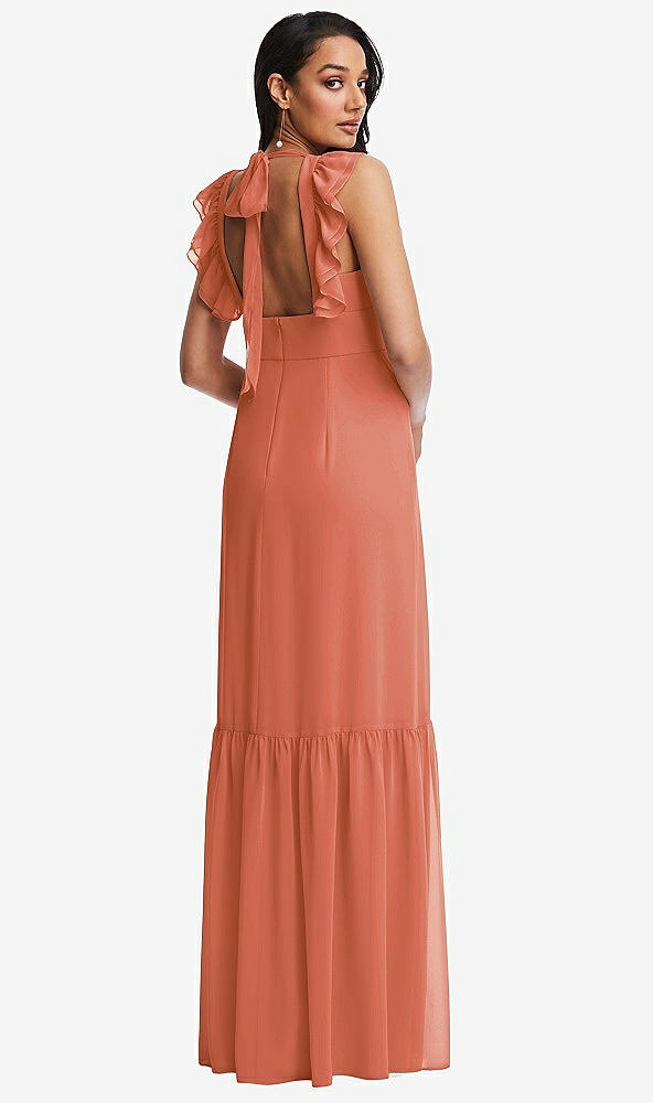 Back View - Terracotta Copper Tiered Ruffle Plunge Neck Open-Back Maxi Dress with Deep Ruffle Skirt