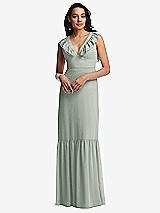 Front View Thumbnail - Willow Green Tiered Ruffle Plunge Neck Open-Back Maxi Dress with Deep Ruffle Skirt