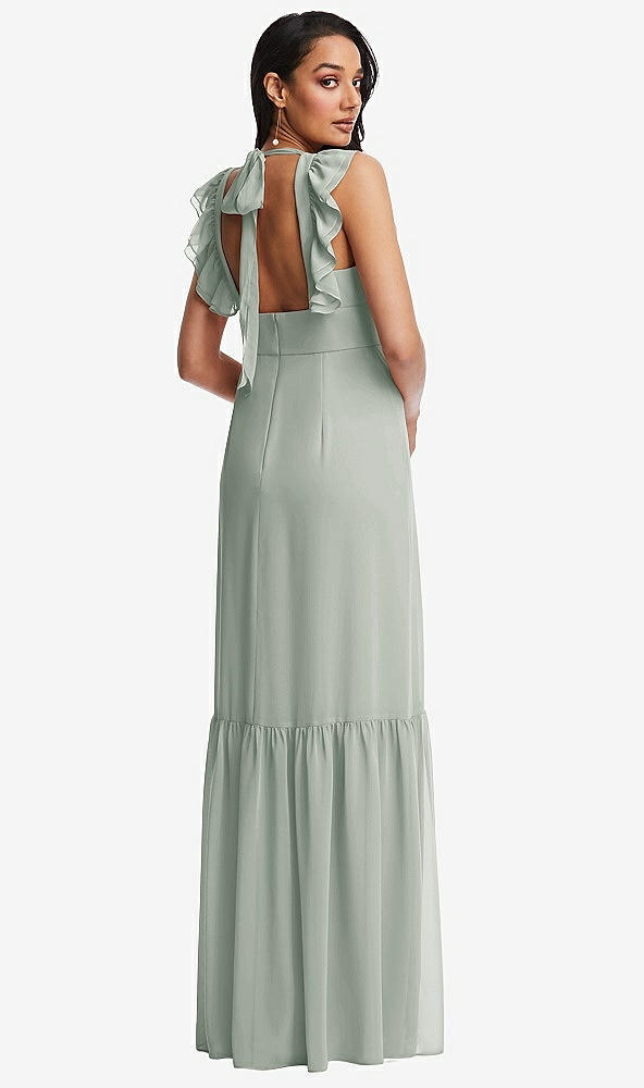 Back View - Willow Green Tiered Ruffle Plunge Neck Open-Back Maxi Dress with Deep Ruffle Skirt