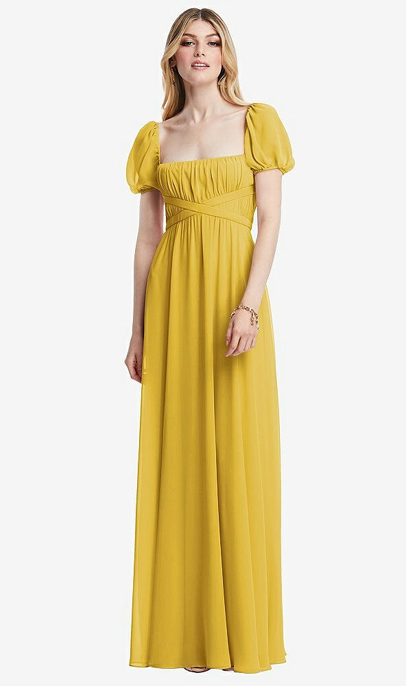 Front View - Marigold Regency Empire Waist Puff Sleeve Chiffon Maxi Dress