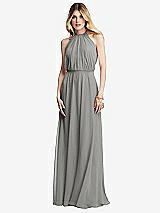 Front View Thumbnail - Chelsea Gray Illusion Back Halter Maxi Dress with Covered Button Detail