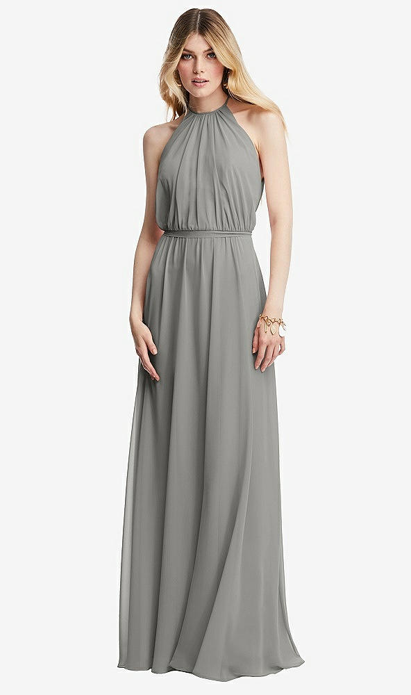 Front View - Chelsea Gray Illusion Back Halter Maxi Dress with Covered Button Detail