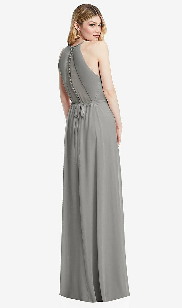 Back View - Chelsea Gray Illusion Back Halter Maxi Dress with Covered Button Detail