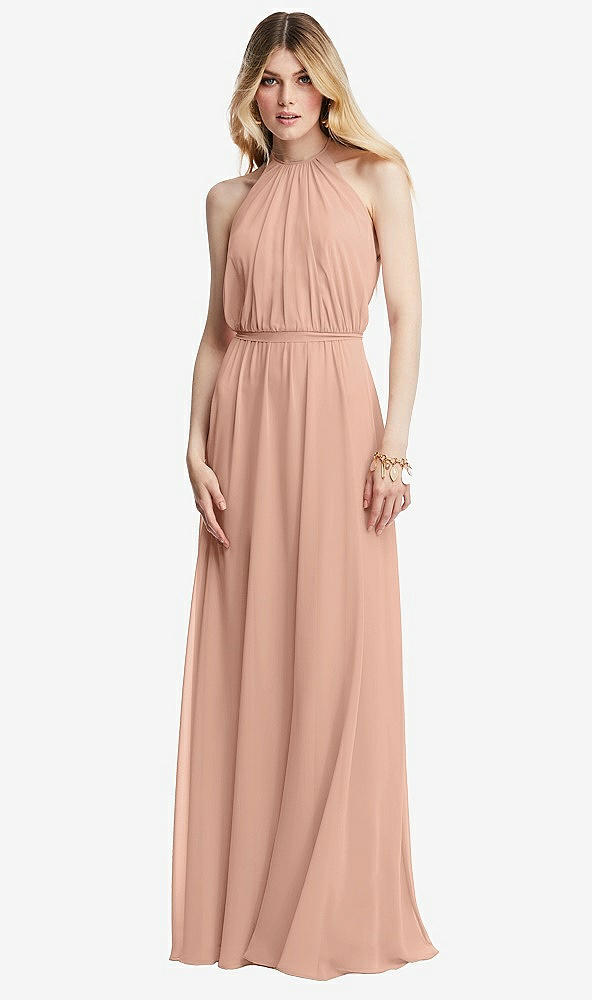 Front View - Pale Peach Illusion Back Halter Maxi Dress with Covered Button Detail