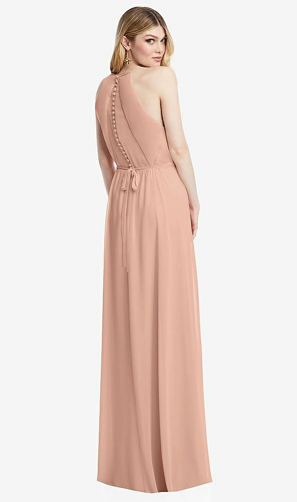 Back View - Pale Peach Illusion Back Halter Maxi Dress with Covered Button Detail