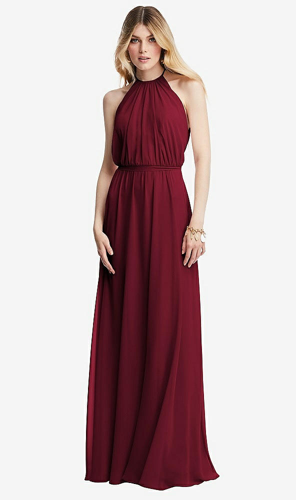 Front View - Burgundy Illusion Back Halter Maxi Dress with Covered Button Detail