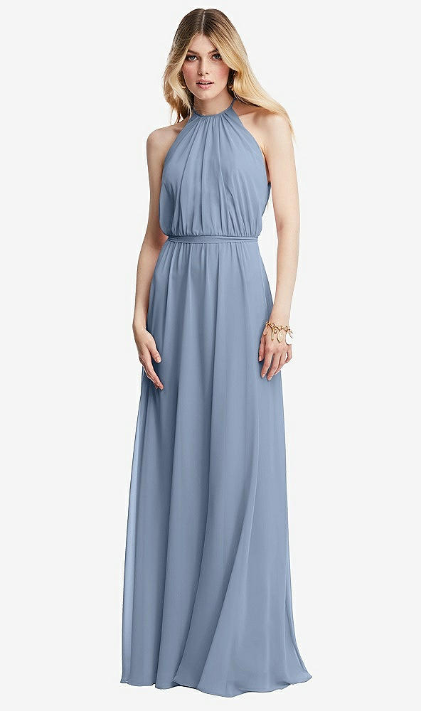 Front View - Cloudy Illusion Back Halter Maxi Dress with Covered Button Detail