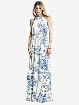 Front View Thumbnail - Cottage Rose Dusk Blue Illusion Back Halter Maxi Dress with Covered Button Detail