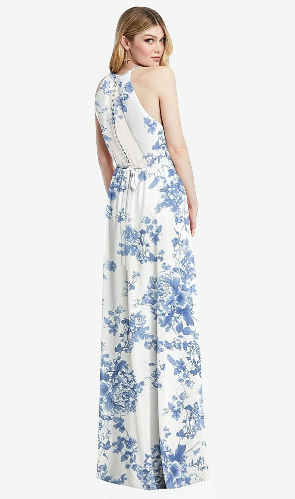 Back View - Cottage Rose Dusk Blue Illusion Back Halter Maxi Dress with Covered Button Detail