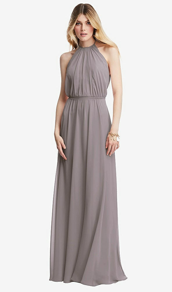 Front View - Cashmere Gray Illusion Back Halter Maxi Dress with Covered Button Detail