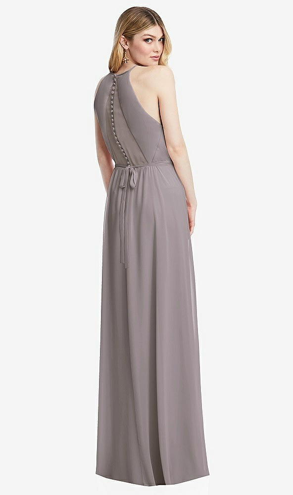 Back View - Cashmere Gray Illusion Back Halter Maxi Dress with Covered Button Detail