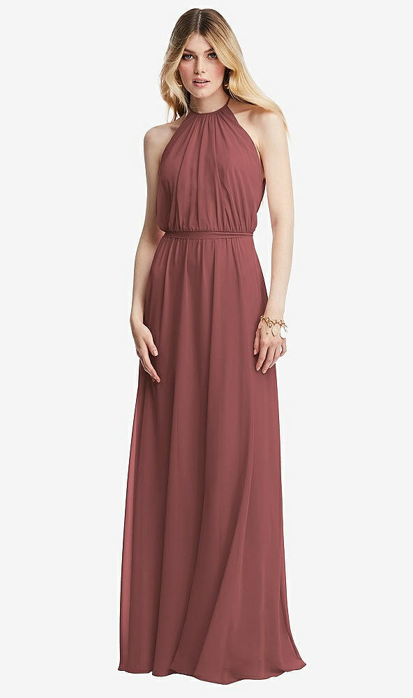Front View - English Rose Illusion Back Halter Maxi Dress with Covered Button Detail
