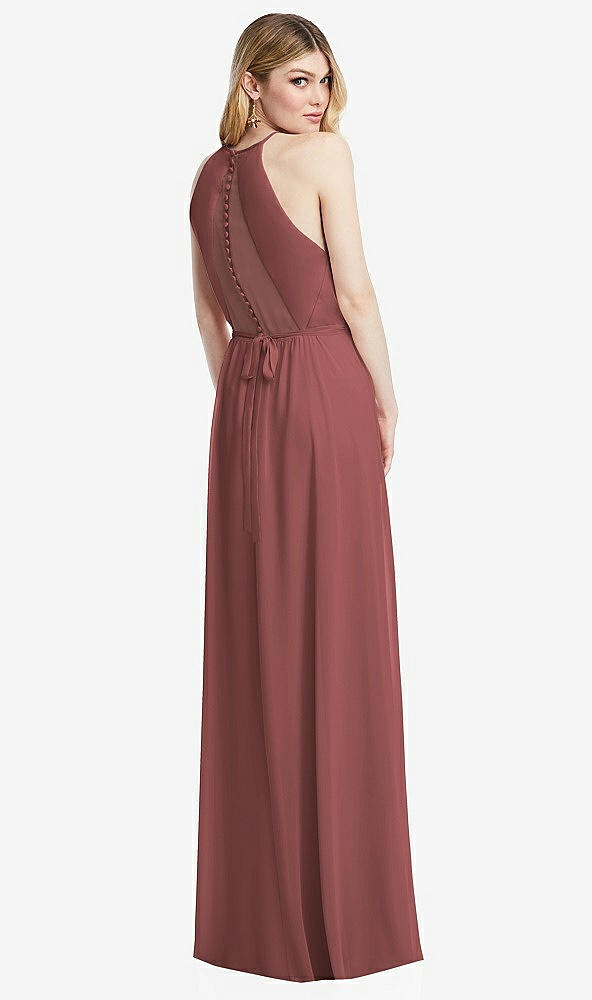 Back View - English Rose Illusion Back Halter Maxi Dress with Covered Button Detail