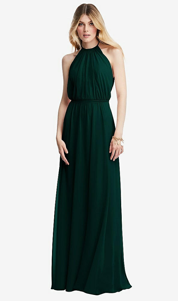 Front View - Evergreen Illusion Back Halter Maxi Dress with Covered Button Detail