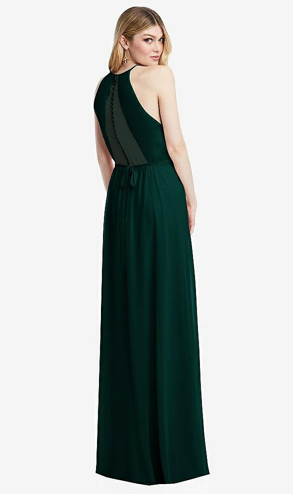 Back View - Evergreen Illusion Back Halter Maxi Dress with Covered Button Detail