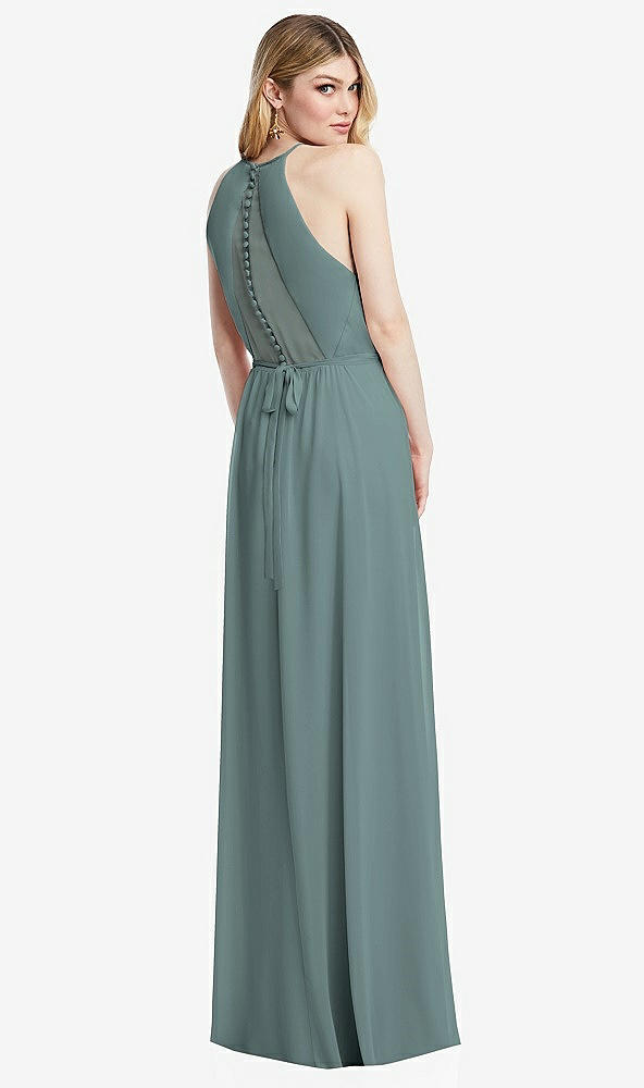 Back View - Icelandic Illusion Back Halter Maxi Dress with Covered Button Detail