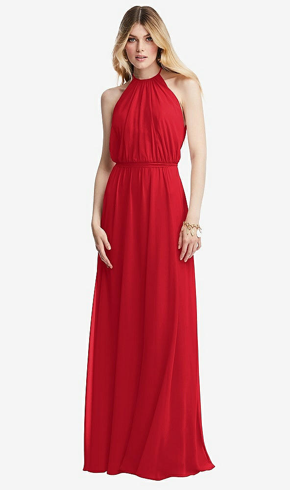 Front View - Parisian Red Illusion Back Halter Maxi Dress with Covered Button Detail