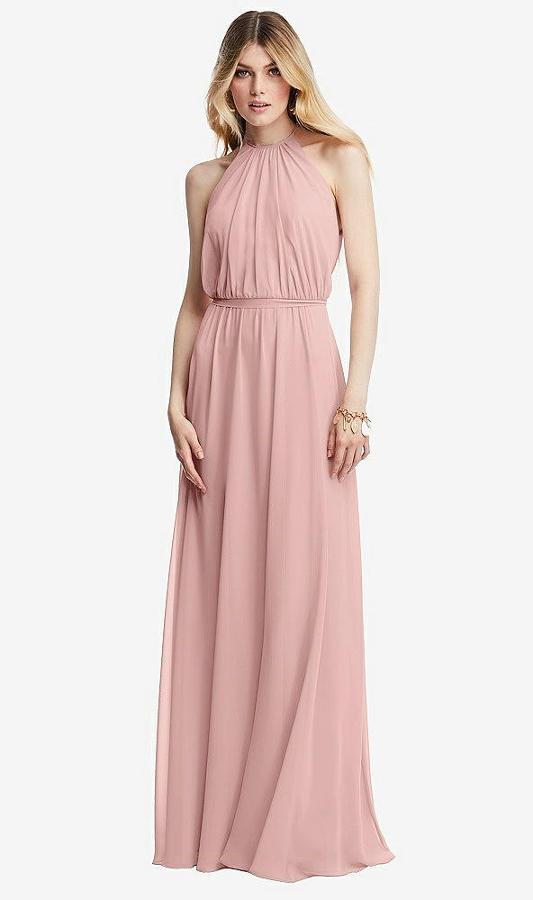 Front View - Rose - PANTONE Rose Quartz Illusion Back Halter Maxi Dress with Covered Button Detail