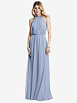 Front View Thumbnail - Sky Blue Illusion Back Halter Maxi Dress with Covered Button Detail